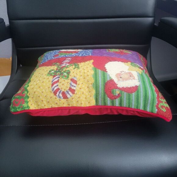 Christmas Holiday Needlepoint pillow red santa snowman candy cane present happy - Picture 3 of 12
